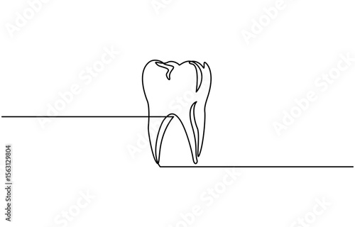 Teeth continuous one line drawing and simple isolated outline vector design, Tooth continuous one line drawing, Single line art tooth icon. Vector illustration