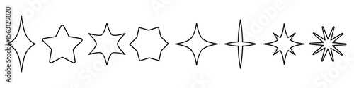 Set of outline star shapes and sparkle icons. Thin line hand-drawn magic stars, decorative twinkle elements. Black outline doodle style vector for design, magic, Christmas, or fairy tale themes.