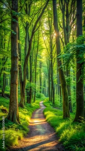 A sunlit path winds through a lush green forest, sunlight filtering through the dense canopy of trees, creating a serene and peaceful atmosphere, perfect for a relaxing walk