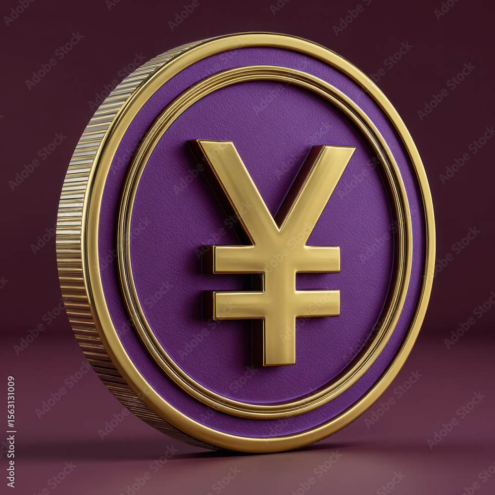 Obraz premium A gold coin with a purple yen symbol isolated on a dark background