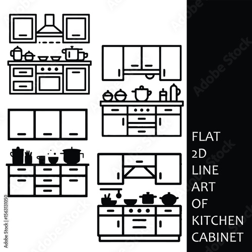 Four Black and White Line Art Illustrations of Kitchen Cabinets with Countertops and Appliances kitchen design