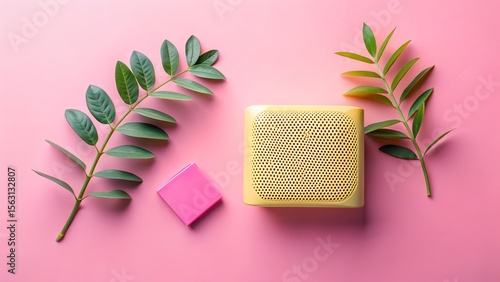 A yellow portable speaker is displayed on a pink background, accompanied by green leaves and a pink sticky note, creating a minimalist and stylish flat lay composition