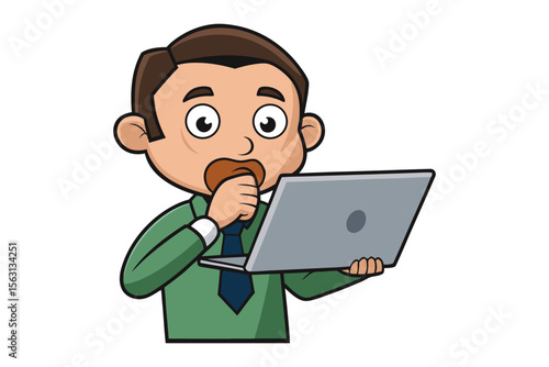 Shocked businessman stares at laptop screen while covering mouth in disbelief and surprise