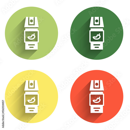 Set Pepper spray icon isolated with long shadow background. OC gas. Capsicum self defense aerosol. Color circle button. Vector