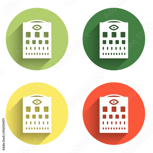 Set Eye test chart icon isolated with long shadow background. Poster for vision testing in ophthalmic study. Snellen chart. Color circle button. Vector