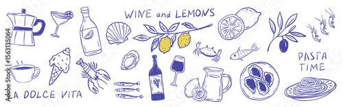 Playful Italian food and wine collection with seafood, lemon, pasta, coffee pot and handwritten sign. reflecting La Dolce Vita spirit. Vector illustration in hand-drawn crayon style for print or card.