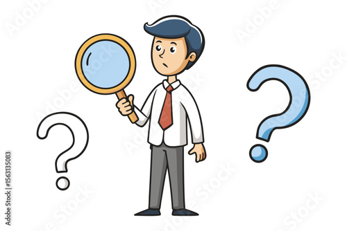 Confused businessman holding a magnifying glass surrounded by question marks symbolizing uncertainty and the search for answers