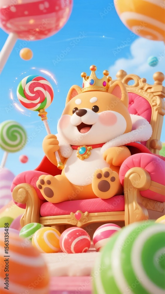 Naklejka premium Cute Dog on a Throne Surrounded by Colorful Lollipops and Balloons
