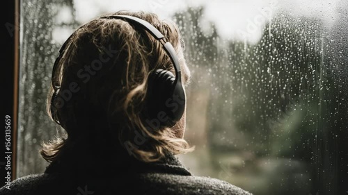 Person with headphones looking out window on a rainy day