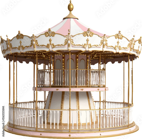 Old European architecture with wooden balconies featuring a carousel in the form of a horse in front