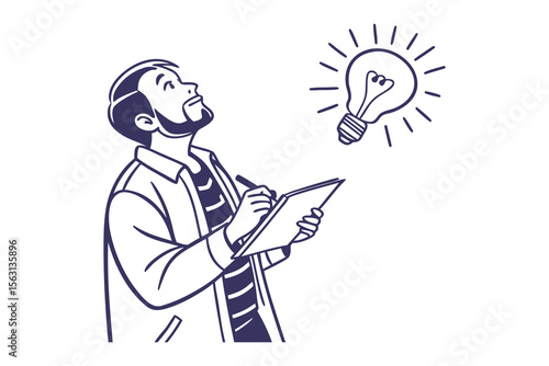 Man with beard and glasses looks up at a glowing lightbulb while writing in a notebook symbolizing inspiration and ideas