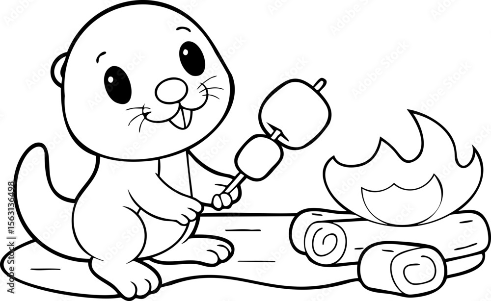 Cute otter roasting marshmallows over campfire in line art style, coloring book for children Cute otter roasting marshmallows over campfire in line art style, coloring book for children