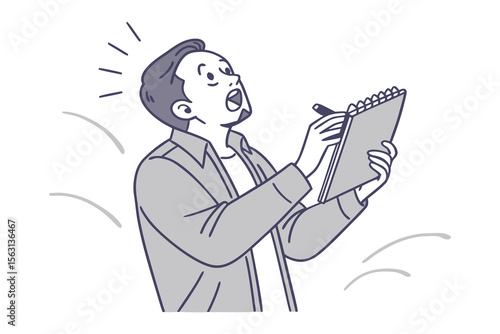 Shocked man with open mouth holding a notebook and pen reacting to a sudden idea or revelation