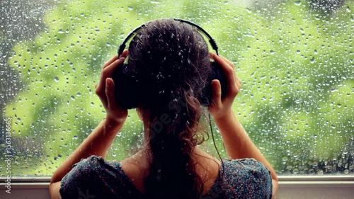 Person listening to music on rainy day