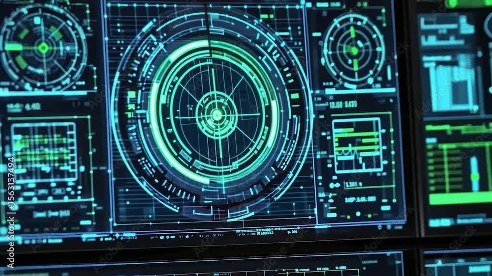 Futuristic digital displays with glowing green and blue graphic elements Futuristic digital displays with glowing green and blue graphic elements