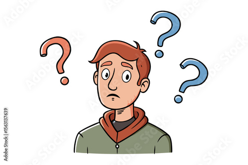Confused young man with a worried expression surrounded by multiple question marks indicating uncertainty and indecision