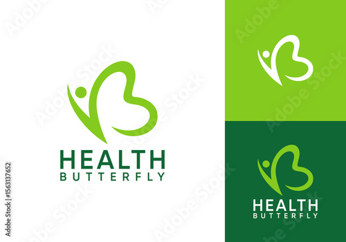 happy people with love butterfly logo. health beauty line art vector design concept