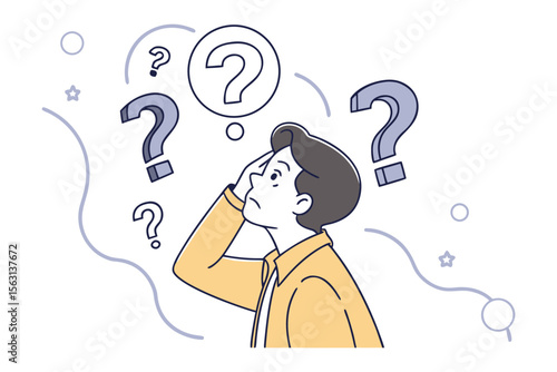 A confused man with multiple question marks surrounding his head contemplating a difficult problem or decision