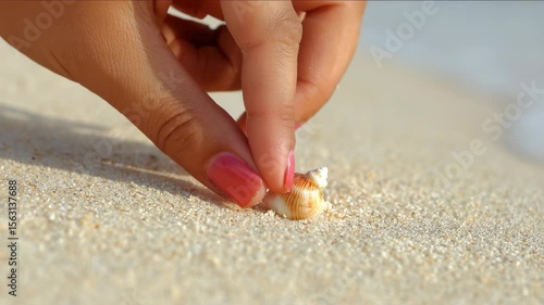 Hand picking up a small seashell on the beach.