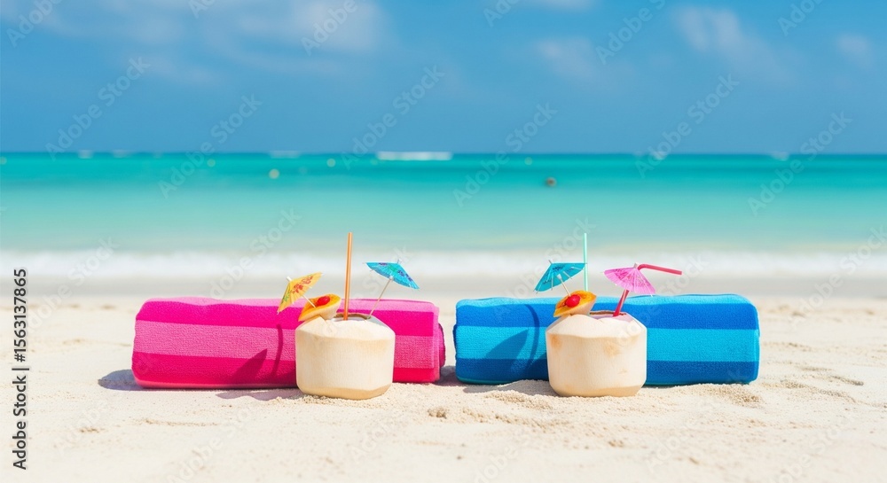 Tropical Beach Paradise: Relaxing Towels, Coconuts, Turquoise Sea View Tropical Beach Paradise: Relaxing Towels, Coconuts, Turquoise Sea View