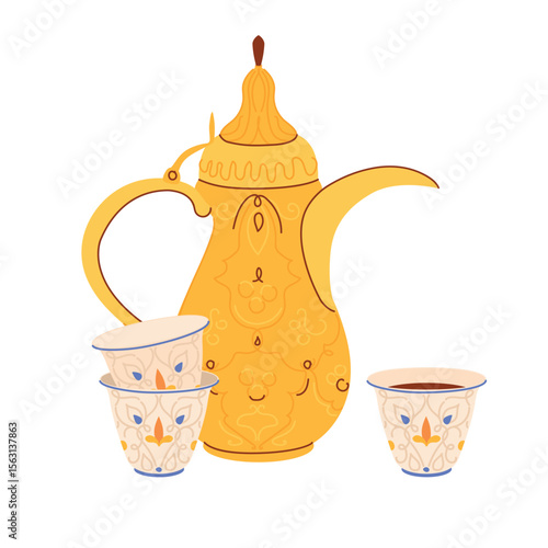 Traditional Arabic coffee pot Dallah and cups with ornament. Symbol of Middle Eastern hospitality. Antique copper pot common in Yemen, Oman, Qatar. Vector illustration for coffee shop in flat style.