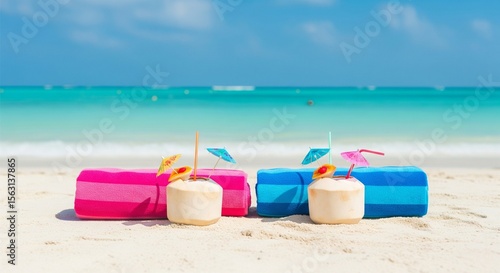 Wallpaper Mural Tropical Beach Paradise: Relaxing Towels, Coconuts, Turquoise Sea View Torontodigital.ca