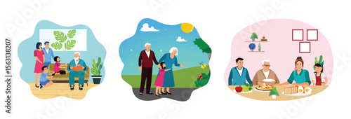 Grandparents spend time with grandchildren and young parents, taking walks and eating together.