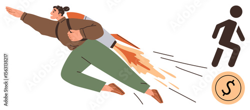 Person with jetpack soaring forward symbolizing ambition, progress, and success. Dollar coin and rising icon suggest business goals, achievement, and opportunities. Ideal for career, finance