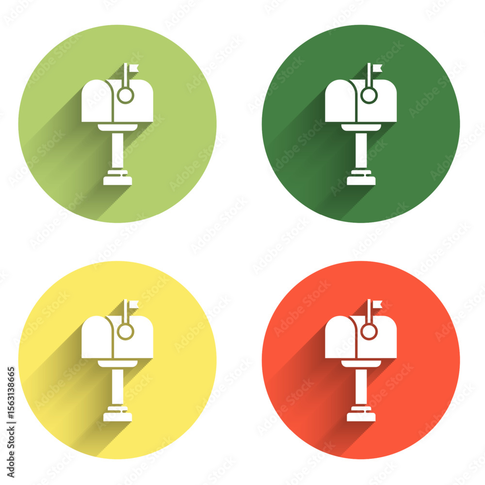 Set Mail box icon isolated with long shadow background. Mailbox icon. Mail postbox on pole with flag. Color circle button. Vector Set Mail box icon isolated with long shadow background. Mailbox icon. Mail postbox on pole with flag. Color circle button. Vector