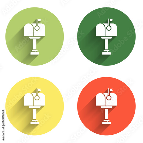 Set Mail box icon isolated with long shadow background. Mailbox icon. Mail postbox on pole with flag. Color circle button. Vector