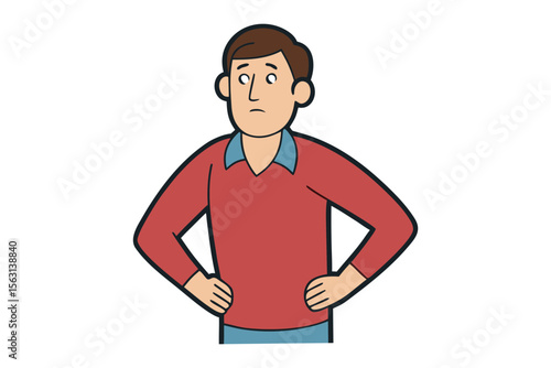 A cartoon man with brown hair and a red sweater stands with his hands on his hips looking concerned and uncertain about something