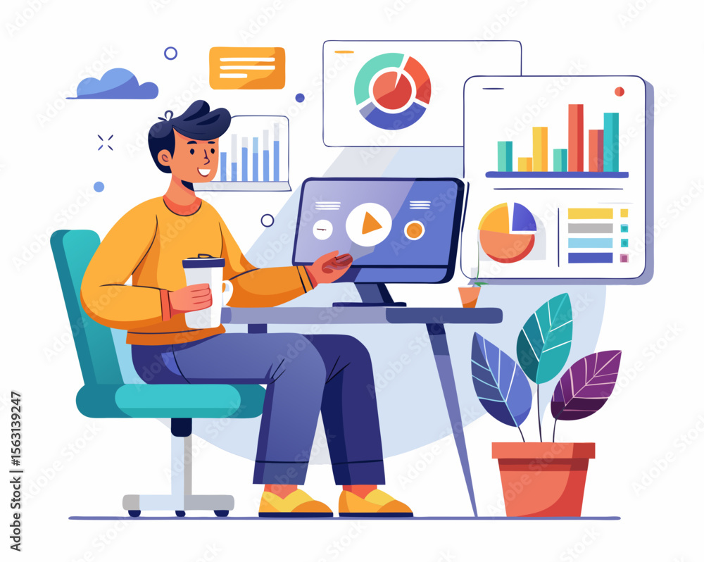 Fototapeta premium Man working at desk with charts and graphs on computer screens