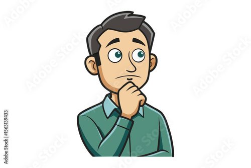 Cartoon man with dark hair and a teal shirt thoughtfully resting his chin on his hand while looking upwards with a pensive expression