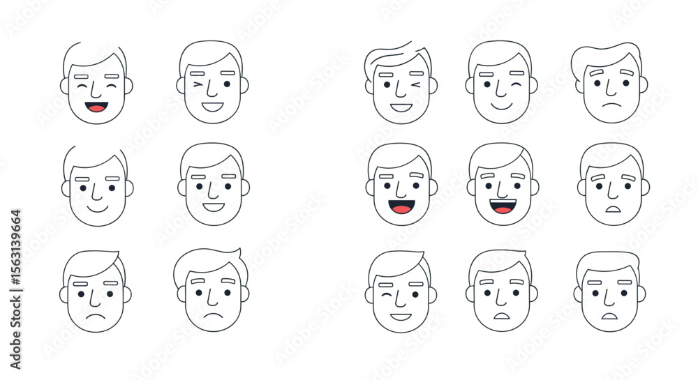 Collection of diverse male facial expressions showing different emotions and feelings clearly illustrated Collection of diverse male facial expressions showing different emotions and feelings clearly illustrated