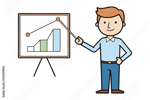 Friendly businessman presents upward trending bar graph and line chart with pointer stick on easel