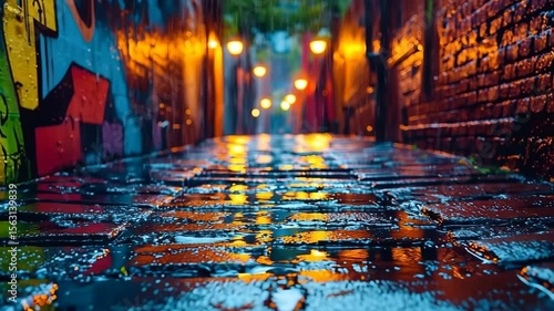 Vibrant reflections in a rain soaked urban alley