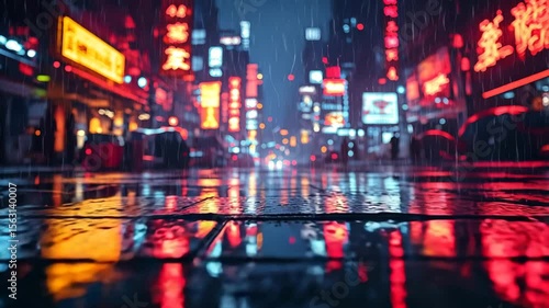 Rainy city street at night with neon lights and reflections