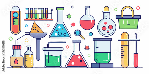 Collection of colorful science lab equipment and experiments in flat design style