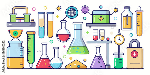 Colorful flat design illustration of assorted laboratory equipment and scientific experiments
