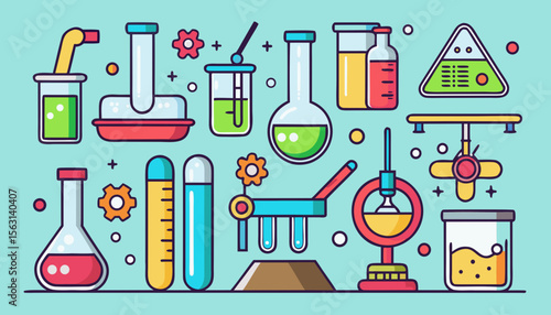 Collection of colorful cartoon science laboratory equipment and experiments on a light blue background