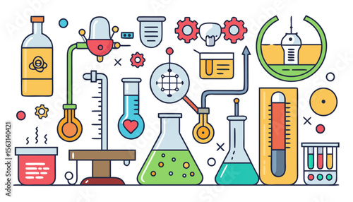 Colorful flat design illustration of a science laboratory with various equipment and experiments