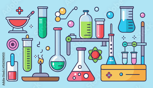 Collection of colorful laboratory equipment and scientific symbols on a light blue background