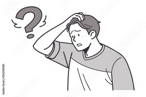 A confused young man scratches his head with a large question mark floating beside him symbolizing uncertainty and doubt
