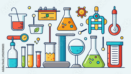 Collection of colorful laboratory equipment and scientific instruments for research and experiments