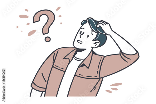Confused person scratching head with question mark above illustrating uncertainty and thought in a simple line art style