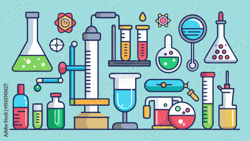 Collection of colorful laboratory equipment and glassware for scientific experiments