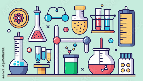 Colorful flat design illustration of various science laboratory equipment and experiments