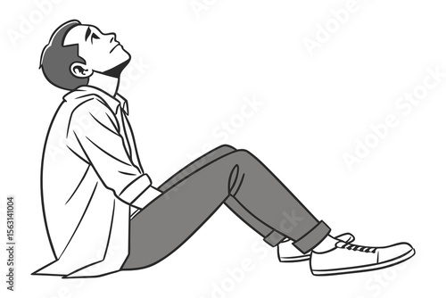 Stylized illustration of a young man in casual attire sitting down and looking upwards with a thoughtful or hopeful expression
