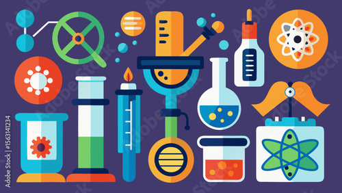Colorful flat design science and laboratory equipment illustration with atoms and molecules