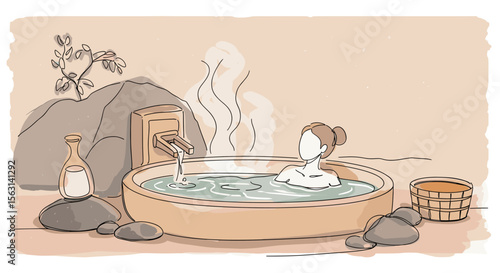 Woman relaxing in hot spring bath surrounded by nature  